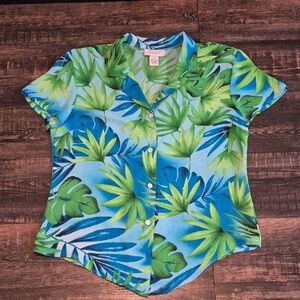 Christian Berard Tropical Leaf Print Button-Up Shirt 100% Silk